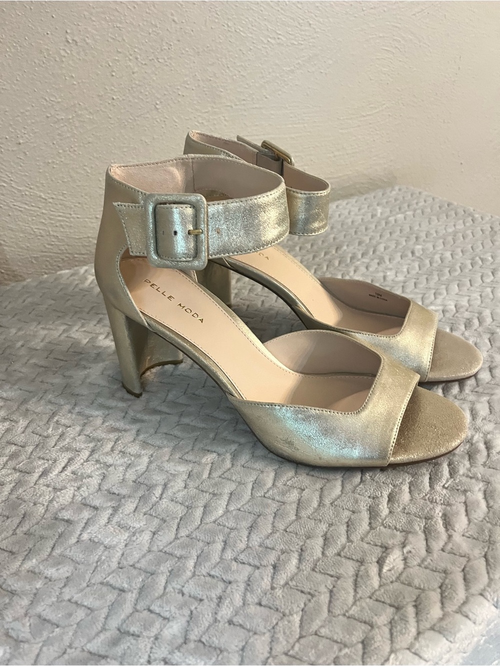 Pelle Moda Shimmery Gold Ankle Strap Block Heels